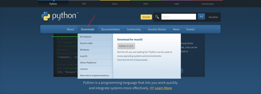 Acceder a la página de descargas de todas las versiones de Python